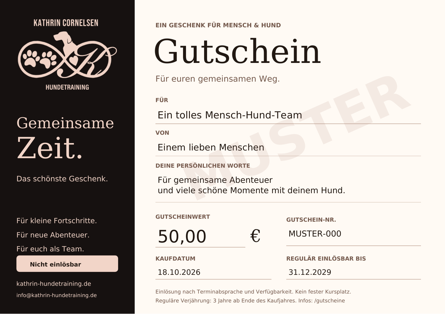 Muster unseres Wertgutscheins: Logo, persönliche Widmung, Gutscheinbetrag und Gültigkeitsdatum. Nicht einlösbar.